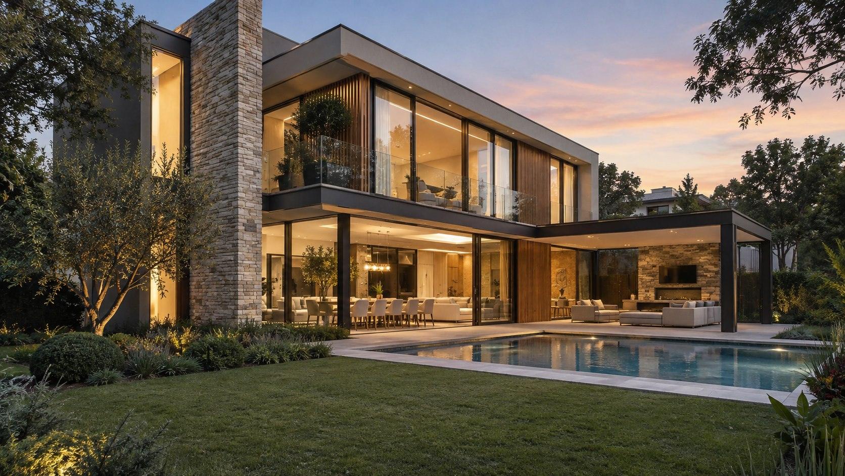Contemporary sample residence exterior at dusk