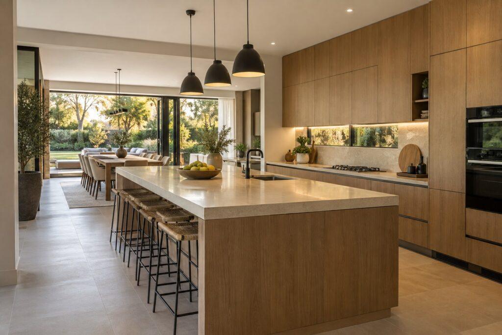 Contemporary sample kitchen with timber cabinetry