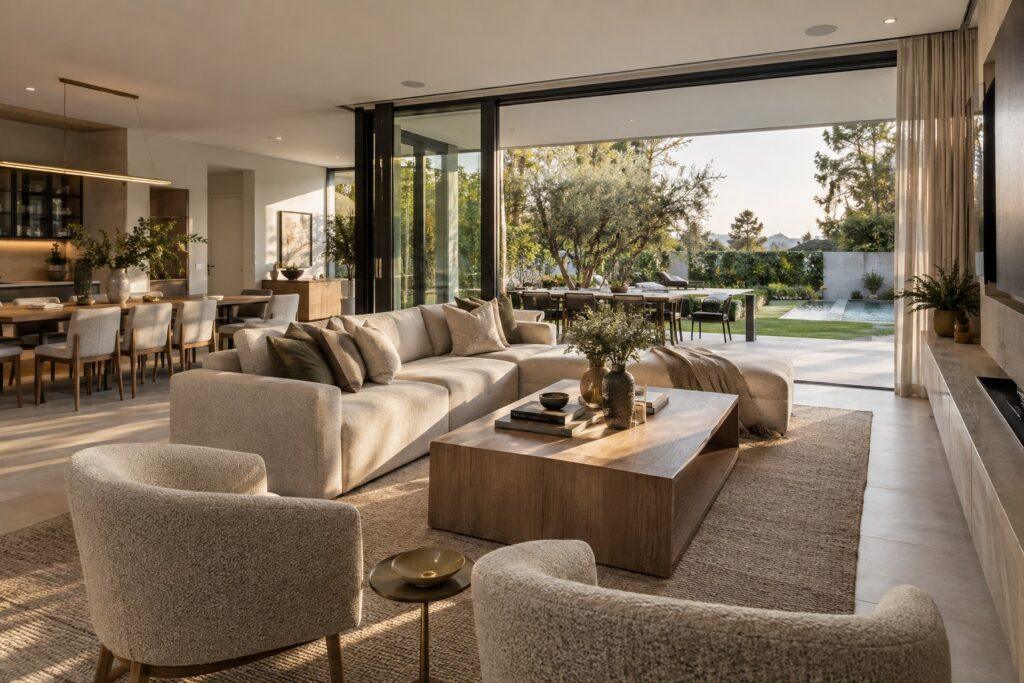 Open-plan sample living room connecting to a garden