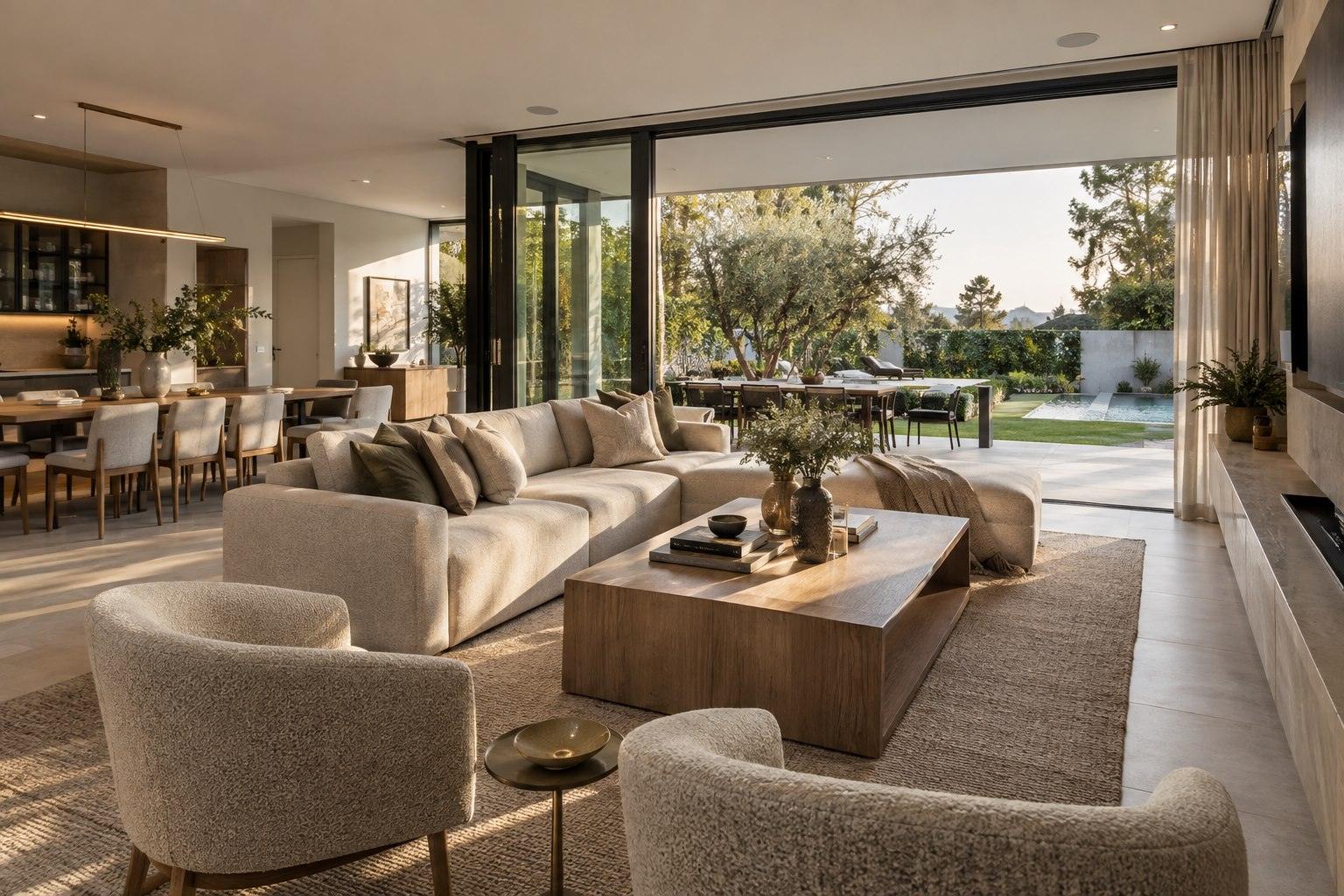 Open-plan sample living room connecting to a garden